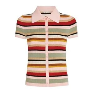 Alice + Olivia Colleen Striped Polo Shirt Pink Multi Knit Button Front Small